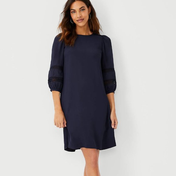 chinese dress ladies Ann Taylor Loft Women's Navy Lace Overlay Short Sleeve Shift Dress Siz –  Picky Thrifter main image 1
